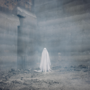 A ghostly figure in a white sheet stands amid a foggy, industrial construction site, with concrete walls and scattered debris.