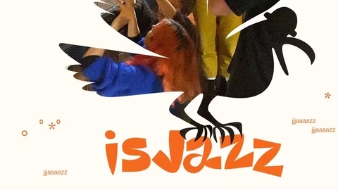 A dynamic collage features a silhouetted bird shape overlaying a vibrant scene. People raise their hands and use phones near a brick wall. Orange text reads "is Jazz" with decorative elements scattered in the background. The mood is lively and energetic.