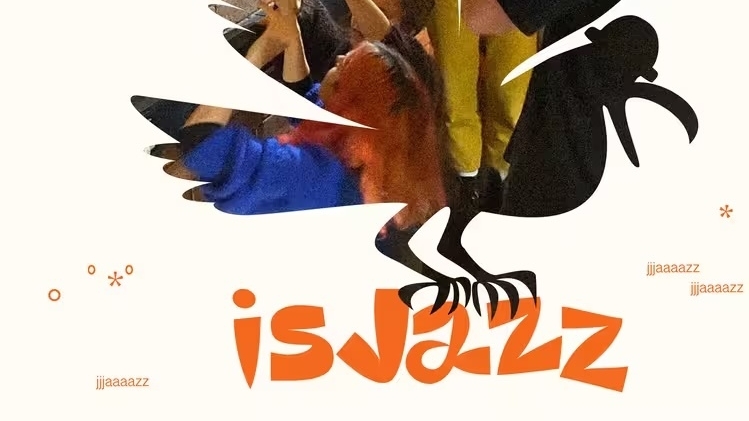A dynamic collage features a silhouetted bird shape overlaying a vibrant scene. People raise their hands and use phones near a brick wall. Orange text reads "is Jazz" with decorative elements scattered in the background. The mood is lively and energetic.