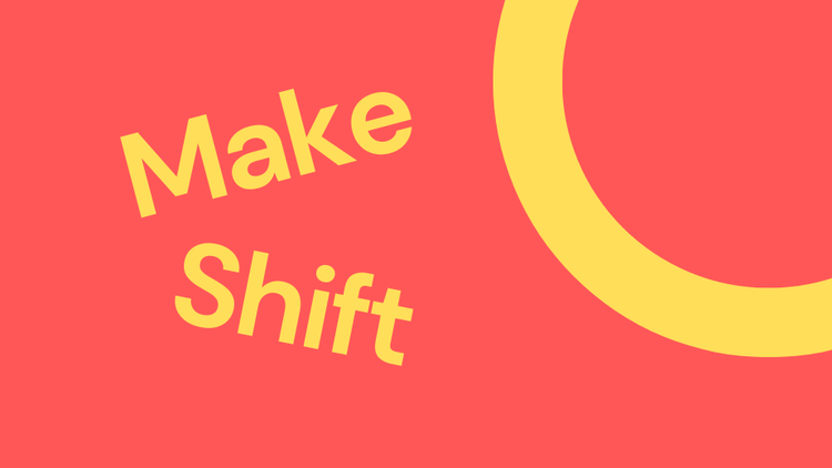 A black-and-white photo of a man on the right side of a coral background. Yellow text reads "Make Shift, A Special Event with Krust, 'Exploring R+D,' Tue 3 March, 18:00–20:00, The Sheds – UoB."