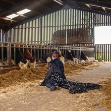 An image of a person adorned in all black, with a cape-like garment at the back, lying semi prone on the floor of a barn in a farm. The cape-like element of their outfit is decorated with multi coloured trinkets of varying materials. In the background of the image, cows in a paddock can be seen, with the space illuminated by natural light coming through the entrance to the right of the image. 
