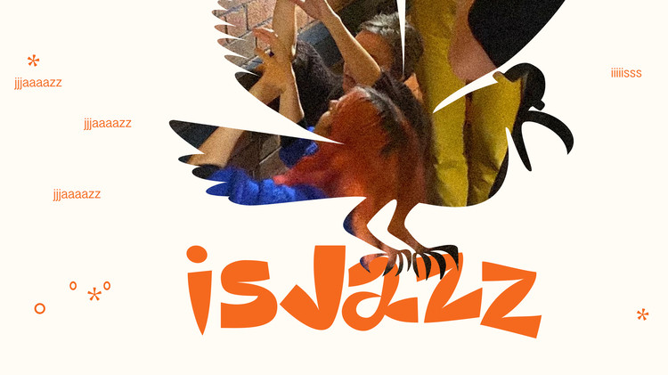A dynamic collage features a silhouetted bird shape overlaying a vibrant scene. People raise their hands and use phones near a brick wall. Orange text reads "is Jazz" with decorative elements scattered in the background. The mood is lively and energetic.