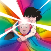 A colorful, abstract illustration featuring two figures surrounded by vibrant rainbow hues and radiant light beams.