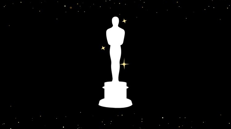 White Oscar trophy silhouette against a black background, surrounded by golden sparkles and shimmering dots.
