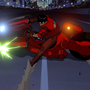 Anime scene of a character in a red jacket performing a sharp turn on a futuristic red motorcycle on a city street at night.