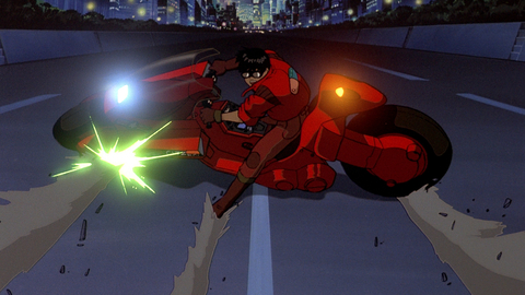 Anime scene of a character in a red jacket performing a sharp turn on a futuristic red motorcycle on a city street at night.
