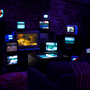 An image of a darkened room, illuminated only by a series of CRT TV's organised in a disparate fashion, all activated and showing different images, creating a collage of sorts. There is a sofa placed in front of the installation, for the viewer to experience it. 
