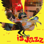 A group of people engaged in a lively discussion around a table, amidst colorful lighting. The scene is overlaid with bold, graphic designs and text that reads "is jazz."