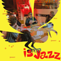 A group of people engaged in a lively discussion around a table, amidst colorful lighting. The scene is overlaid with bold, graphic designs and text that reads "is jazz."