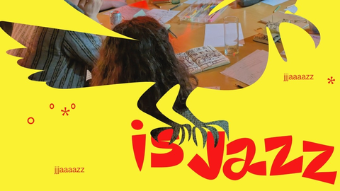 A group of people engaged in a lively discussion around a table, amidst colorful lighting. The scene is overlaid with bold, graphic designs and text that reads "is jazz."