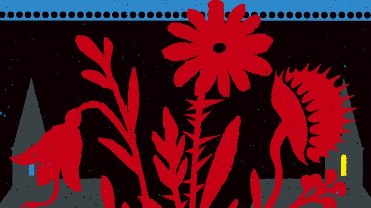 Illustration of large red flowers with leaves against a dark night sky and gray houses with lit windows in the background.