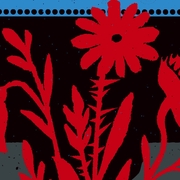 Illustration of bold red flowers with leaves against a dark blue and black village background at night.