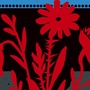 Illustration of bold red flowers with leaves against a dark blue and black village background at night.