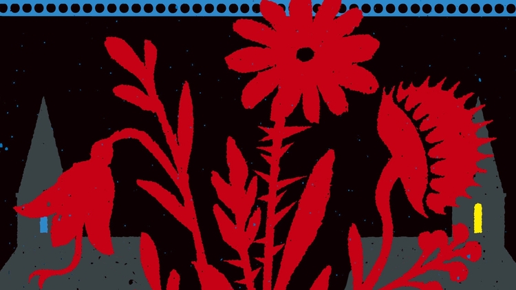 Illustration of bold red flowers with leaves against a dark blue and black village background at night.