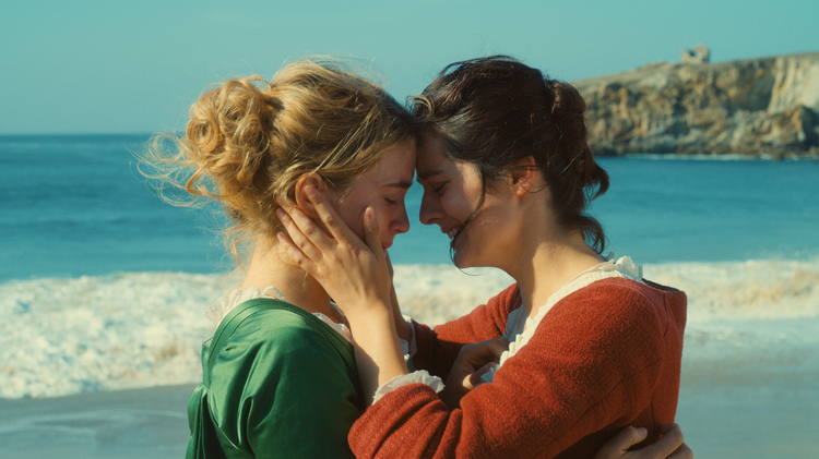 Two women in vintage dresses embracing on a sunny beach with a rocky cliff and ocean waves in the background.