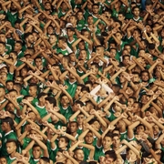 Crowd of sports fans wearing green jerseys, raising their arms and crossing them in unison, showing unified support.