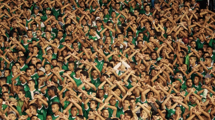 Crowd of sports fans wearing green jerseys, raising their arms and crossing them in unison, showing unified support.