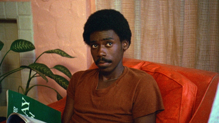 Person in a brown shirt sits on an orange couch reading a magazine, with a plant and a textured wall in the background.