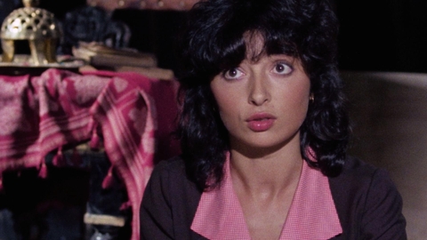 A still from Closed Circuit of a woman with dark curly hair wearing a brown jacket and pink collar shirt sitting indoors near a table with a patterned tablecloth.