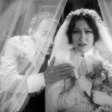 Black and white photo of a bride and groom under a veil, the bride holding a bouquet and wearing a cross necklace.