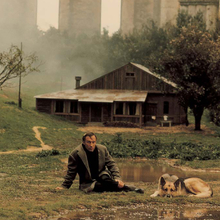 Person sitting on grass beside a dog near a small wooden house, with misty trees and tall stone structures in the background.