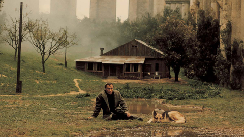 Person sitting on grass beside a dog near a small wooden house, with misty trees and tall stone structures in the background.