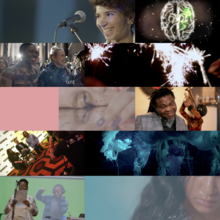 A collage featuring diverse scenes: a smiling person at a mic, sparklers, joyful crowd, abstract brain illustration, art event, and moody, ethereal visuals.