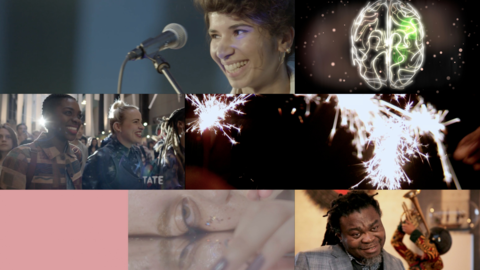 A collage featuring diverse scenes: a smiling person at a mic, sparklers, joyful crowd, abstract brain illustration, art event, and moody, ethereal visuals.
