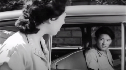 A woman looks into a car to have a conversation with the driver.