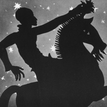 Shadow puppets - a figure riding a horse.