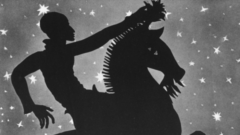 Shadow puppets - a figure riding a horse.
