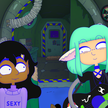 Two cartoon character in a spaceship looking at each other.