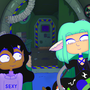 Two cartoon character in a spaceship looking at each other.