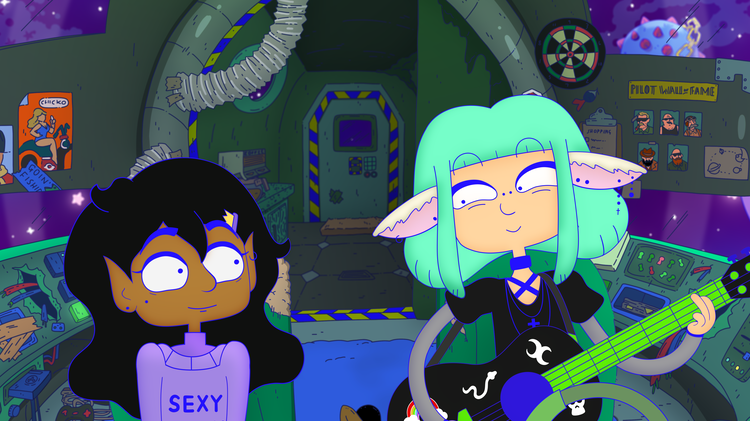 Two cartoon character in a spaceship looking at each other.
