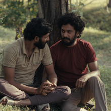 Two men sitting under a tree talking.