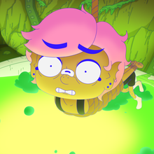 Animated character with pink hair and blue eyebrows tied up and hanging over a glowing green, bubbling pit in a dark, cavernous room.