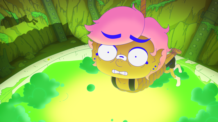 Animated character with pink hair and blue eyebrows tied up and hanging over a glowing green, bubbling pit in a dark, cavernous room.