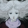Animated figure with long flowing white hair spread out, wearing a purple scarf and dark clothing against a black background.