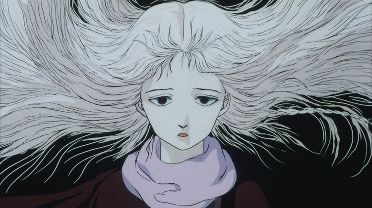 Animated figure with long flowing white hair spread out, wearing a purple scarf and dark clothing against a black background.