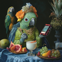 A regal parrot adorned with a floral crown and golden necklace holds a smartphone, sitting at a table with fruit, conveying an amusingly royal tone.