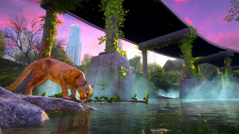 A cougar drinks from a serene pond beneath a vine-covered overpass, set against a vibrant sunset sky and distant skyscraper, blending nature and urban life.