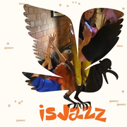 A dynamic collage features a silhouetted bird shape overlaying a vibrant scene. People raise their hands and use phones near a brick wall. Orange text reads "is Jazz" with decorative elements scattered in the background. The mood is lively and energetic.