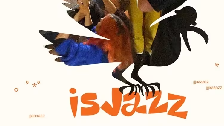 A dynamic collage features a silhouetted bird shape overlaying a vibrant scene. People raise their hands and use phones near a brick wall. Orange text reads "is Jazz" with decorative elements scattered in the background. The mood is lively and energetic.