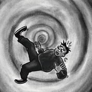 A cartoon character with a surprised expression appears to be falling into a swirling, black and gray hypnotic vortex, conveying confusion and chaos.