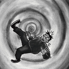 A cartoon character with a surprised expression appears to be falling into a swirling, black and gray hypnotic vortex, conveying confusion and chaos.