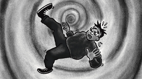 A cartoon character with a surprised expression appears to be falling into a swirling, black and gray hypnotic vortex, conveying confusion and chaos.
