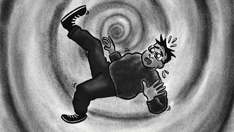 A cartoon character with a surprised expression appears to be falling into a swirling, black and gray hypnotic vortex, conveying confusion and chaos.