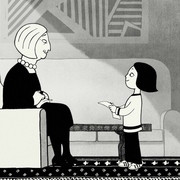 Black and white cartoon of a woman sitting on a chair and a child standing, holding a piece of paper in a living room.