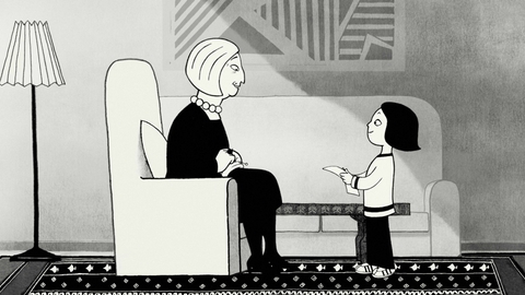Black and white cartoon of a woman sitting on a chair and a child standing, holding a piece of paper in a living room.