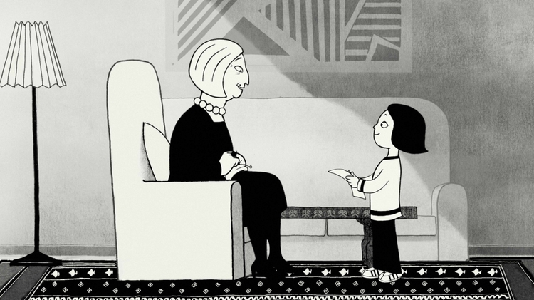 Black and white cartoon of a woman sitting on a chair and a child standing, holding a piece of paper in a living room.